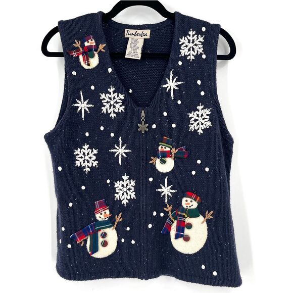 Vintage Ugly Christmas Sweater Vest Snowman Wool Blend Size Medium Blue Sparkle - Picture 1 of 6